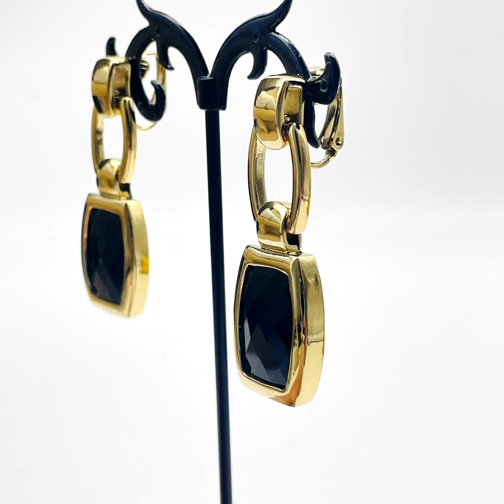 Anne Klein Signed Earrings Black Faceted Bead Gold Tone Dangle Clip On Statement - Picture 6 of 11
